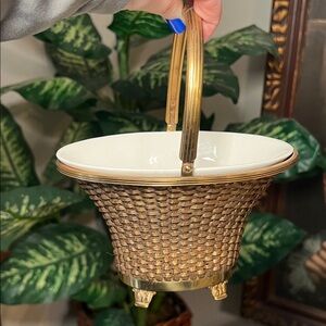 Antique Max Roesler Rodach Porcelain & Hollywood Regency Woven Brass Basket